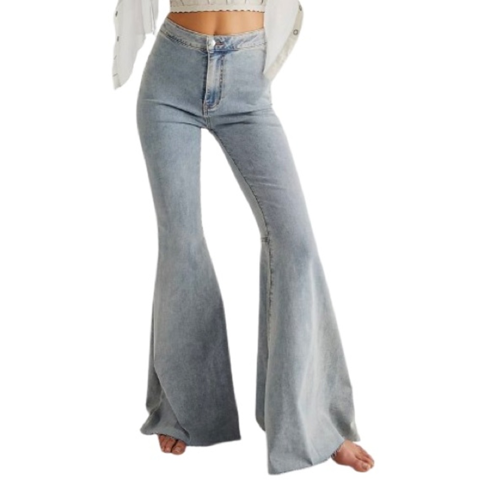 Free People Just Float on Flare High Rise Light Wash Bellbottom Boho Raw Hem